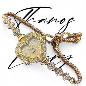 Gold Heart-Shaped Quartz Watch with Crystals & Bangle set